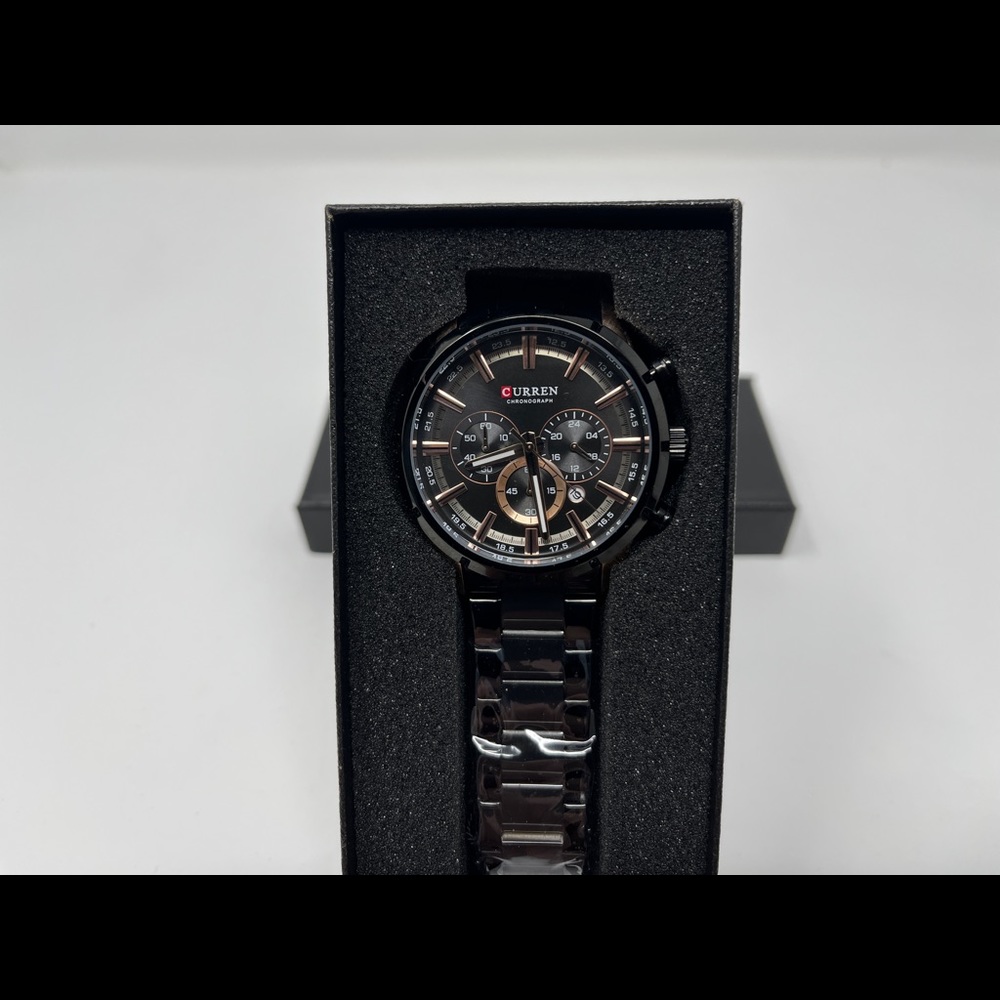 Mens black gold watch stainless steel chronograph waterproof - Brand New
